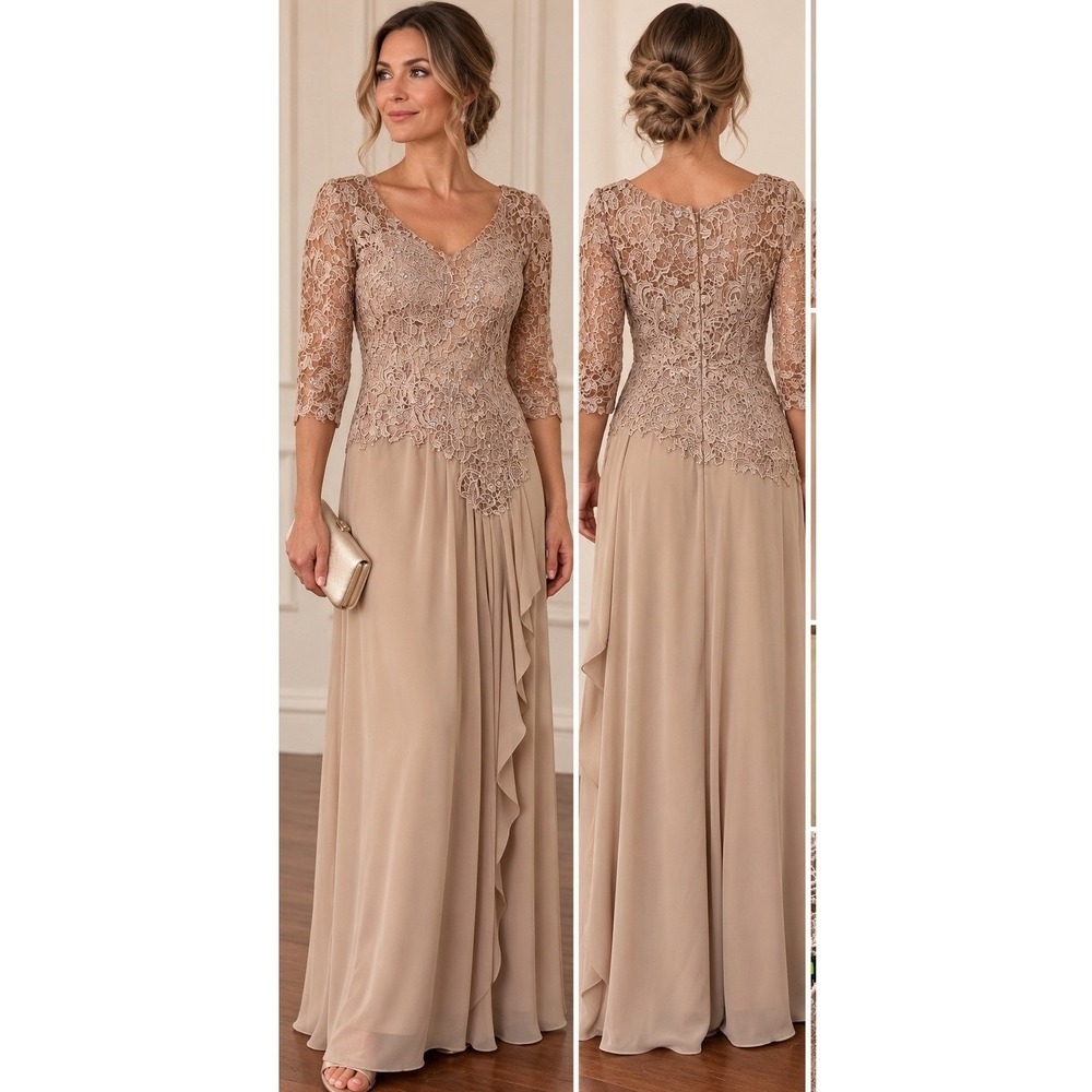 Romantic Lace Chiffon Gown Women Small Champagne Mother of the Bride Formal SEO